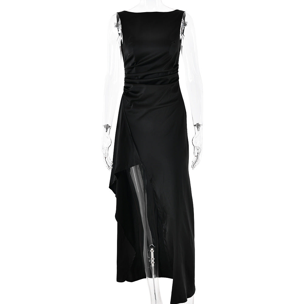 Summer Slim Sleeveless Backless Satin Dress Pleated High Slit Dress Black