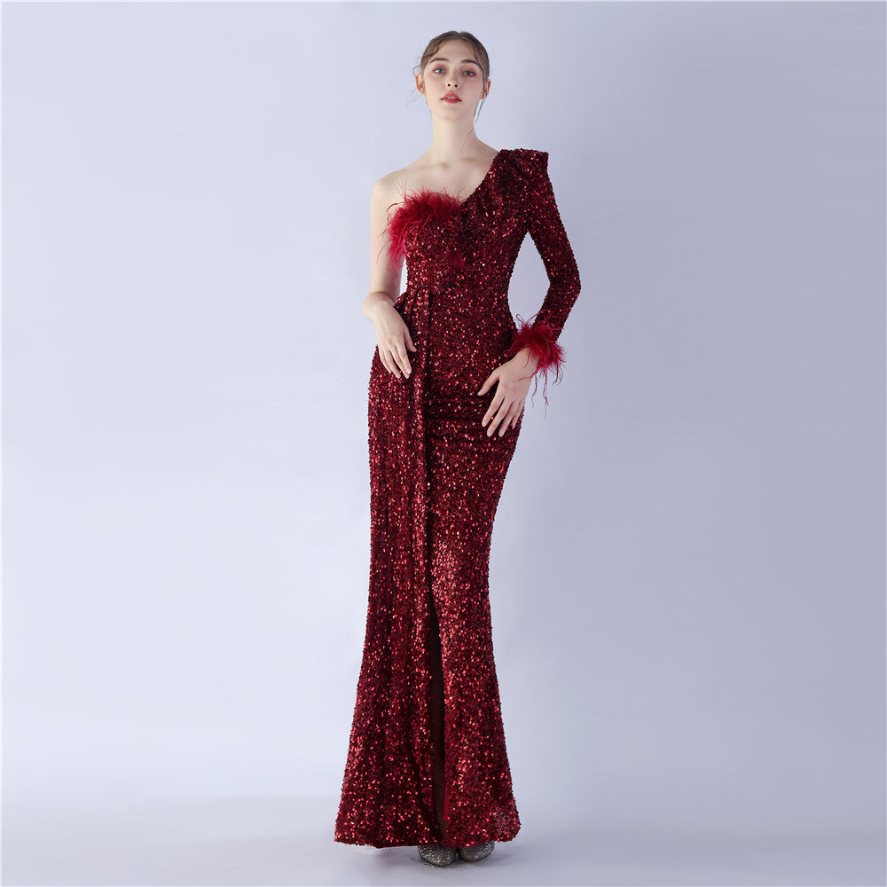 Craft Ostrich Feather Ruffled Side Slit High End Sequined Evening Dress Deep Red