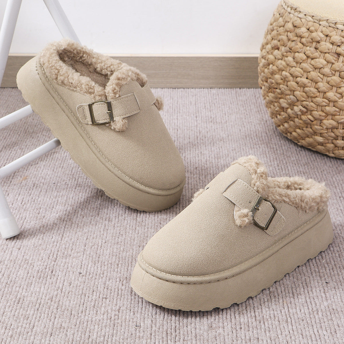 Autumn Winter Thick Bottom Plush Buckle Thermal Cotton Slippers Casual Women Shoes Ivory