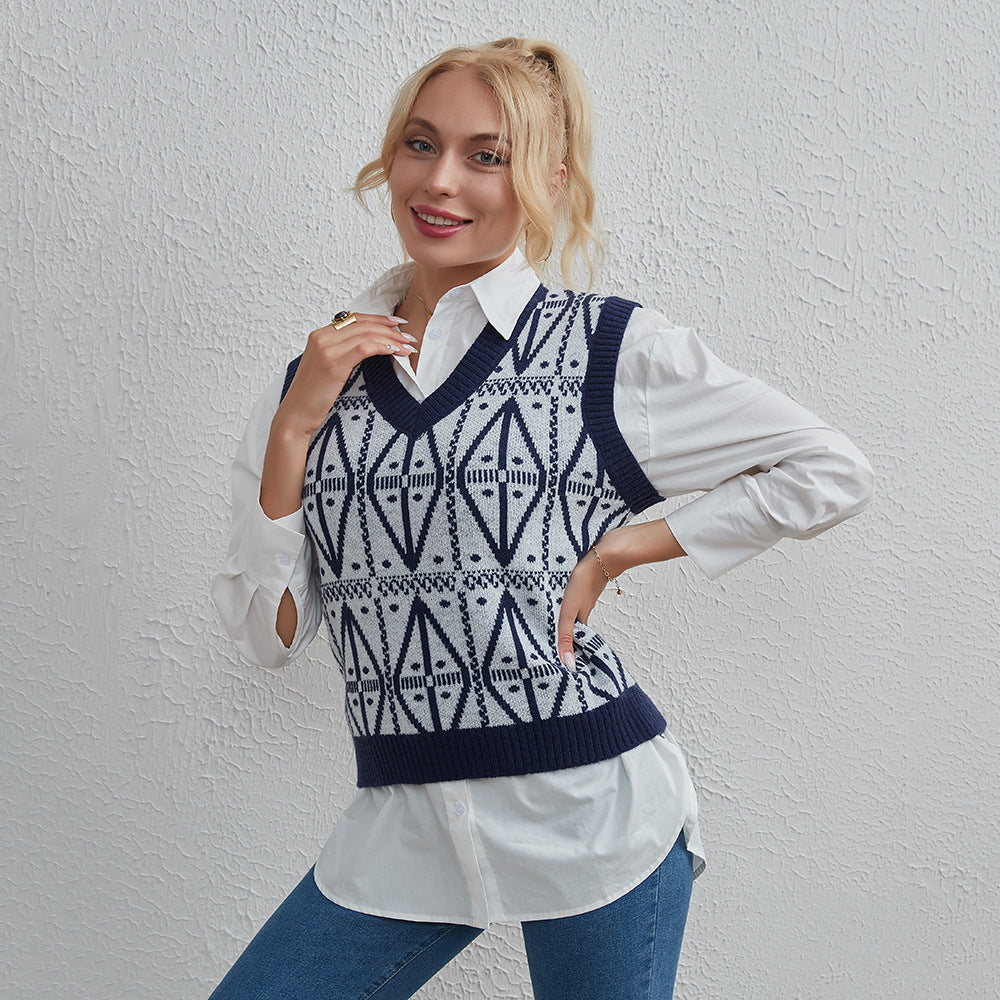 Women Clothing School Season Basic Simple Geometry Pattern Sweater Vest