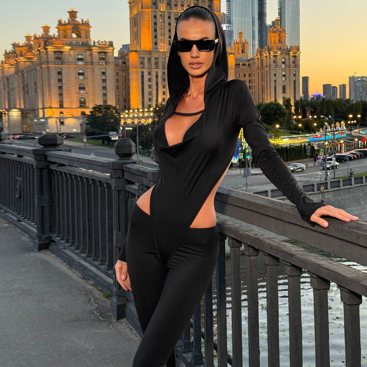 Women Clothing Autumn Sexy Cutout Slim Fit Hood Long Sleeve Jumpsuit