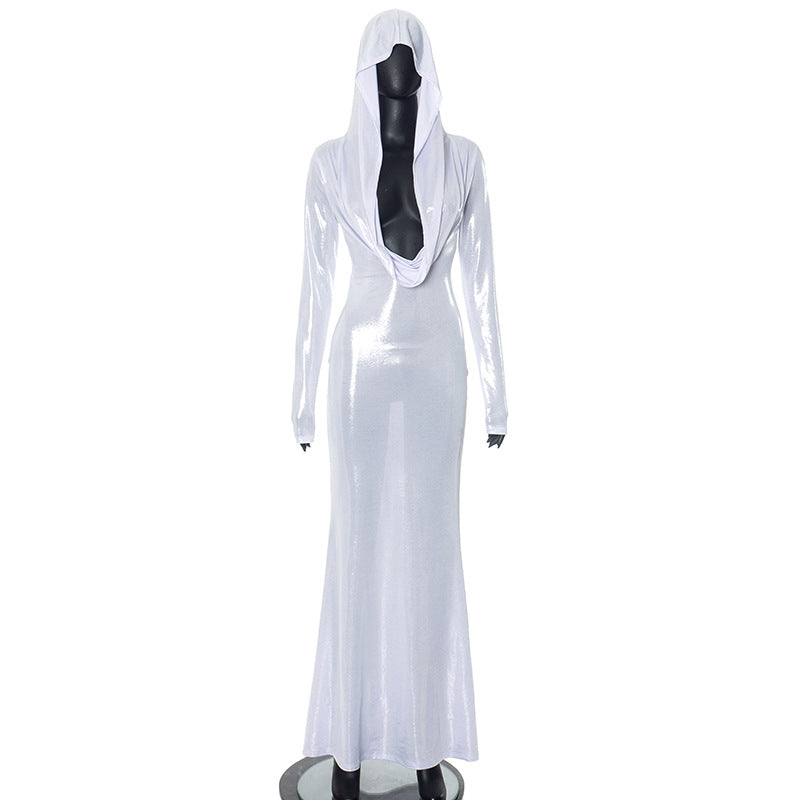 Women Trendy Unique White Long Sleeve Hooded Swing Collar High Waist Slim Fit Maxi Dress White