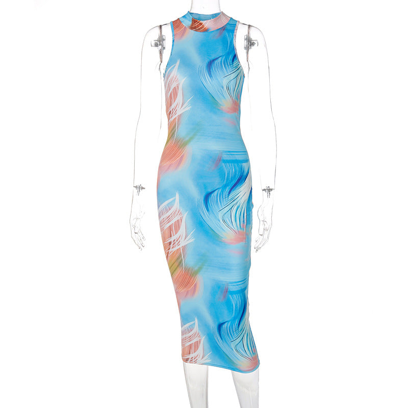 Women Spring Sexy Backless Print Sleeveless Dress Women Multi