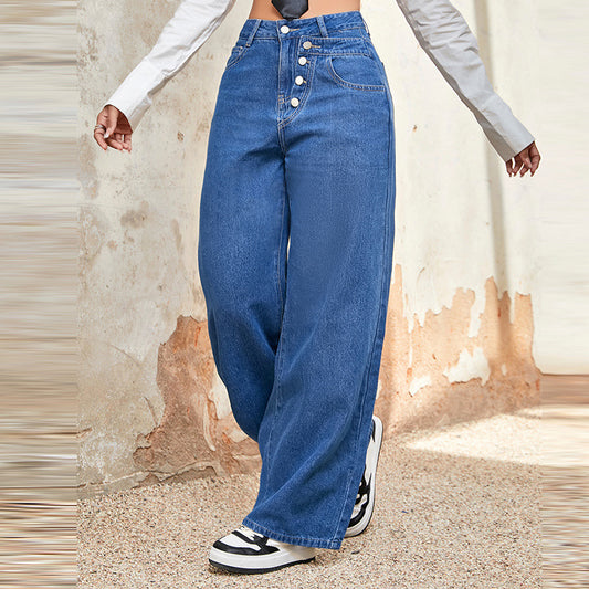 High Waist Jeans Autumn Loose Straight Trousers Draping Single Breasted Mop Pants High Waist Slimming Wide Leg Pants