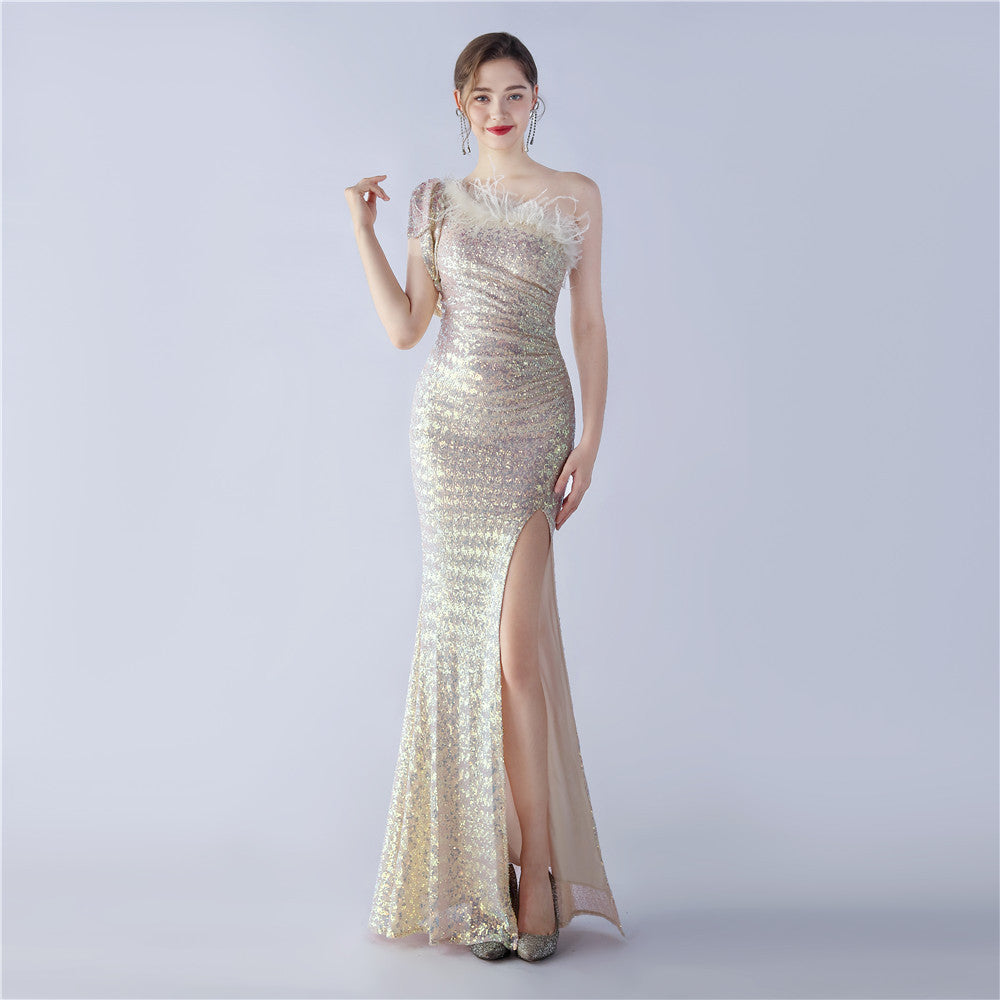 Craft Floral plus Ostrich Feather High End Sequined One Shoulder Evening Dress Colorful Apricot