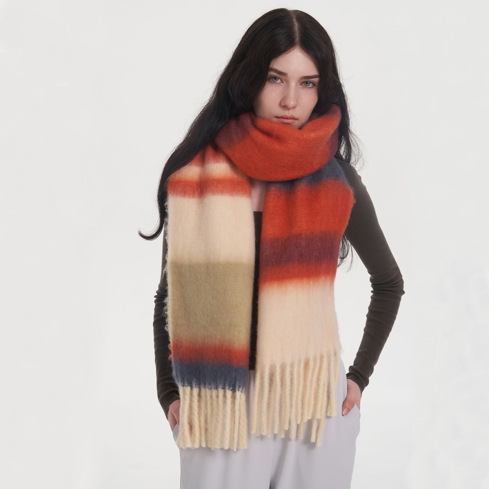 All Matching Thick Soft Glutinous Striped Stitching Mohair Cashmere like Plaid Scarf for Women Winter