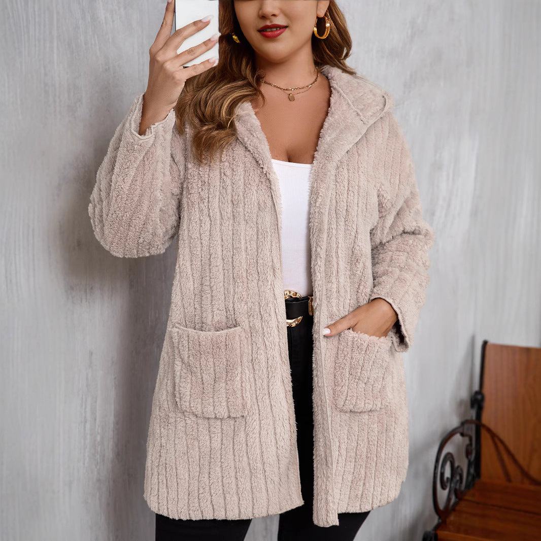 Plus Size Autumn Winter Thickening Double Sided Sunken Stripe Plush Hooded Cardigan Coat