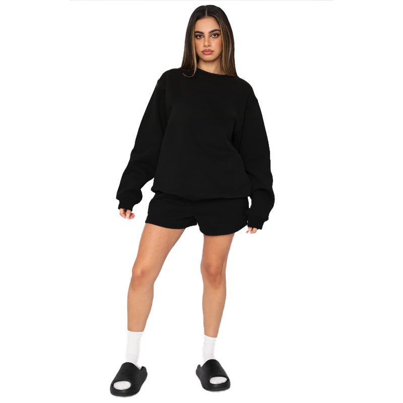 Cotton Autumn Winter Solid Color round Neck Pullover Long Sleeve Sweater Women Casual Shorts Set Black