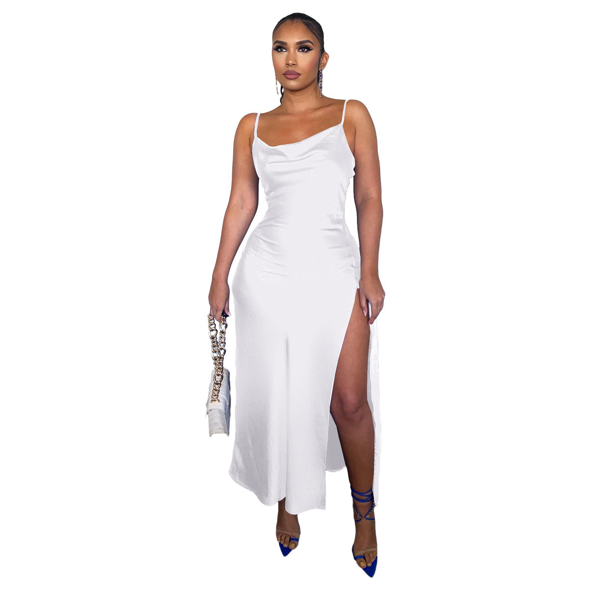 Women Clothing Solid Color Sling Glossy Glossy Side Split Dress White