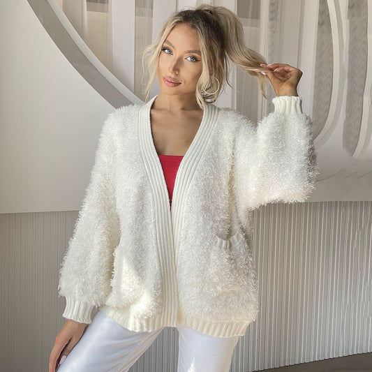 Women V neck Stripe Solid Color Plush Lantern Sleeve Knitted Cardigan Loose Warm Sweater Coat