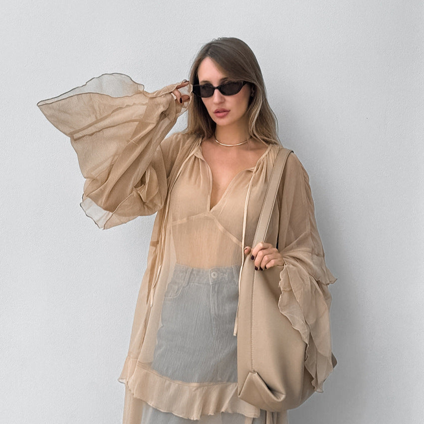 Khaki Autumn Winter Batwing Sleeve Dress Sun Protective Blouse Maxi Dress for Women