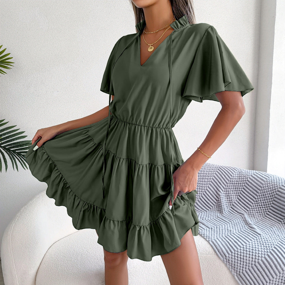 Spring Summer Flounced Ribbon Big Hem A- line Solid Color Dress Women Clothing Army Green