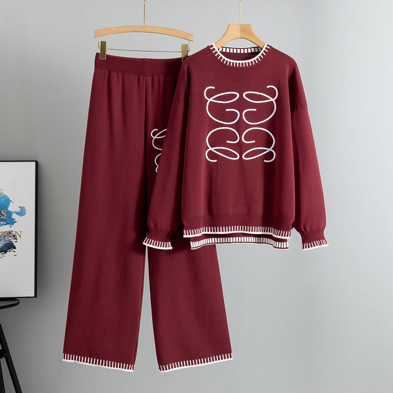 Spring Autumn Two Piece Sets Casual Wide Leg Pants Loose round Neck Simple Knitting One Size Burgundy