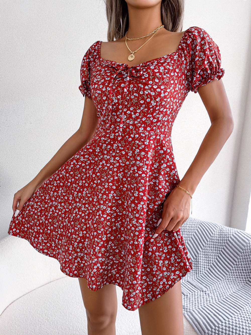 Spring Summer Casual Bell Sleeve Drawstring Lace Floral Print Large Swing Dress Independent Stand Women Clothing Red