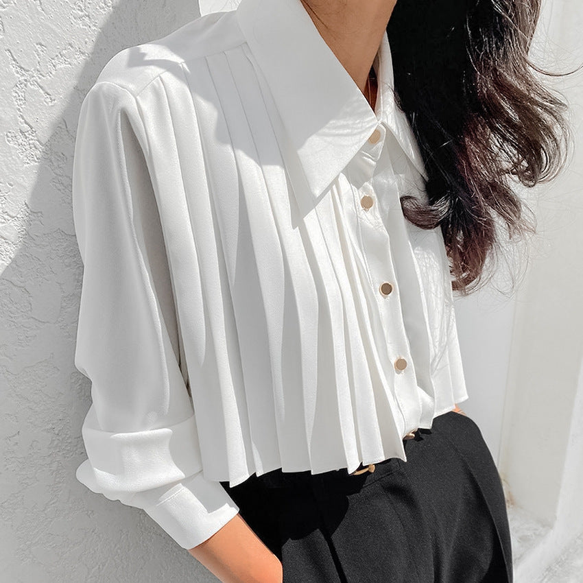 Fall French Casual Elegant Chiffon White Niche Pleated Advanced Feeling Tong Qin Long Sleeve Women Shirt