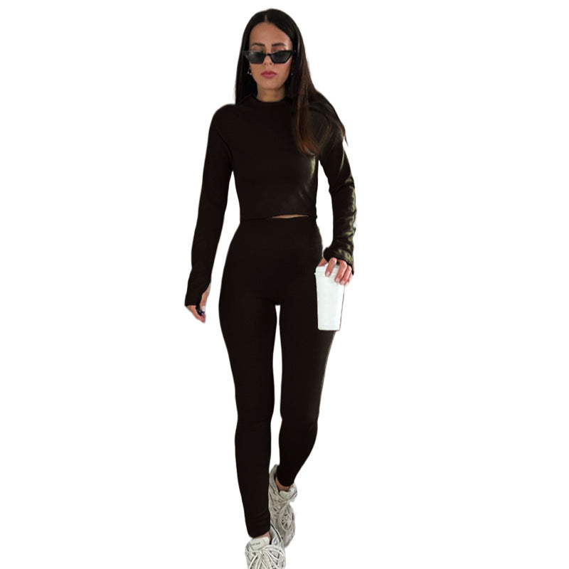 Spring Autumn Solid Color High Elastic Thread Round Neck Long Sleeve Women Skinny Tappered Pants Suit Black