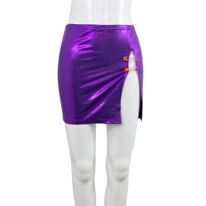 Winter Sleeveless Short Cropped Top Split Exposed Legs Decorative Pin Skirt Outfit Purple Skirt