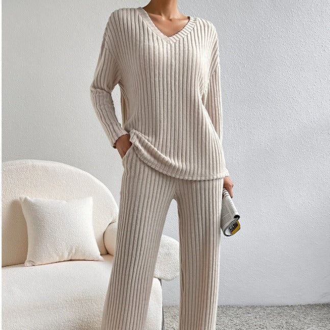 Two Piece Set Women Autumn Casual Straight Leg Pants Loose V neck Sunken Stripe Knitted Set