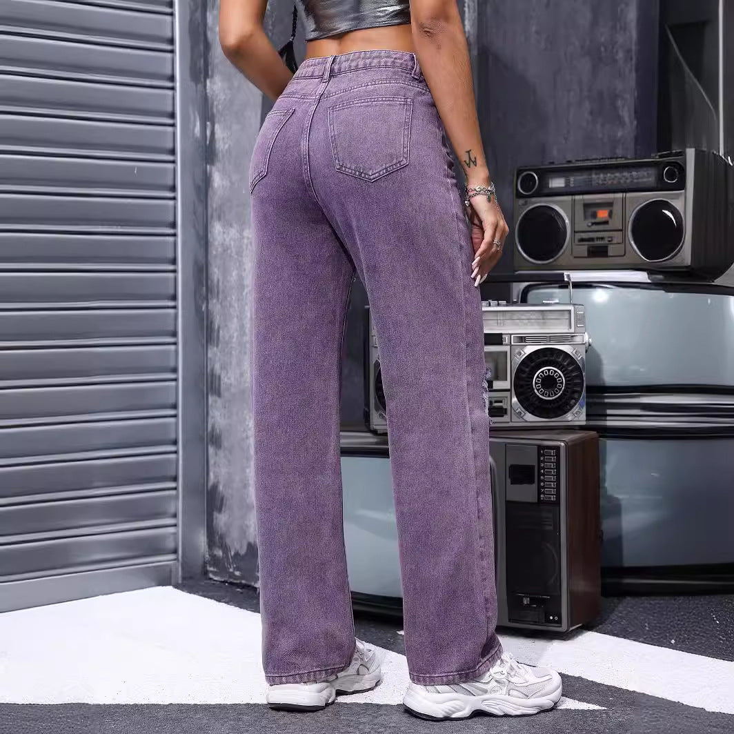 Summer Women Denim Straight Jeans Ripped Distressed Retro Trends Slimming Purple