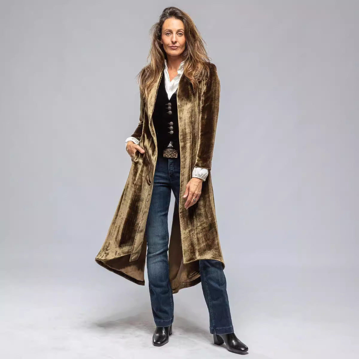 Women Clothing Velvet Long Cardigan Solid Color Retro Split Coat Trench Coat Loose Overcoat