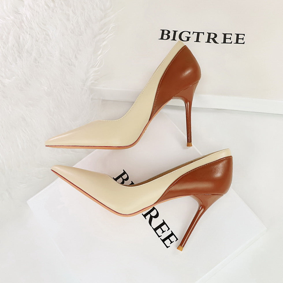 Retro High Heels Stiletto Heel Cocktail Women Shoes Shallow Mouth Pointed Toe Colorblock Spring Autumn Super High Heel Shoes Ivory