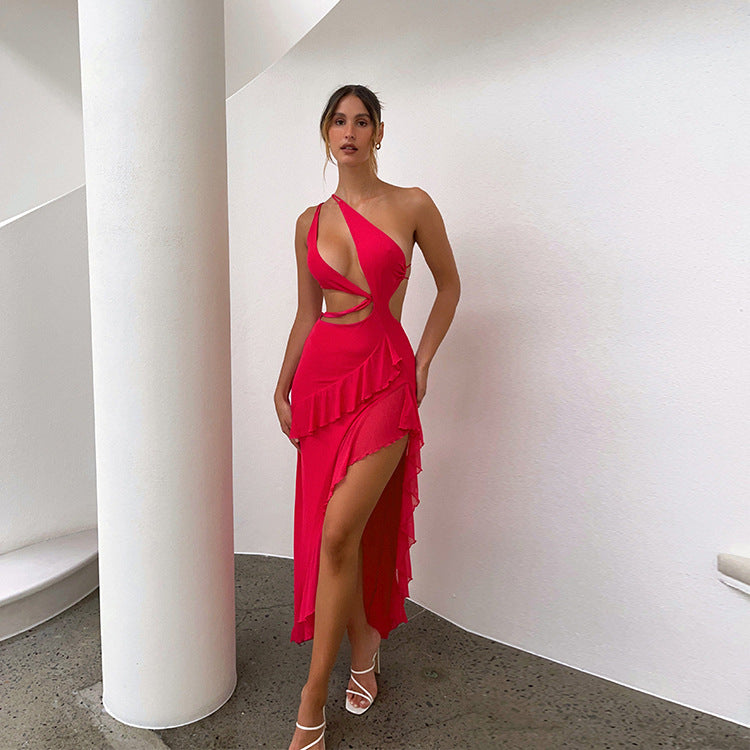 Women Clothing Sexy Oblique Shoulder Irregular Asymmetric Ruffled Split Waist Hollow Out Cutout out Little Red Dress French Coral Red