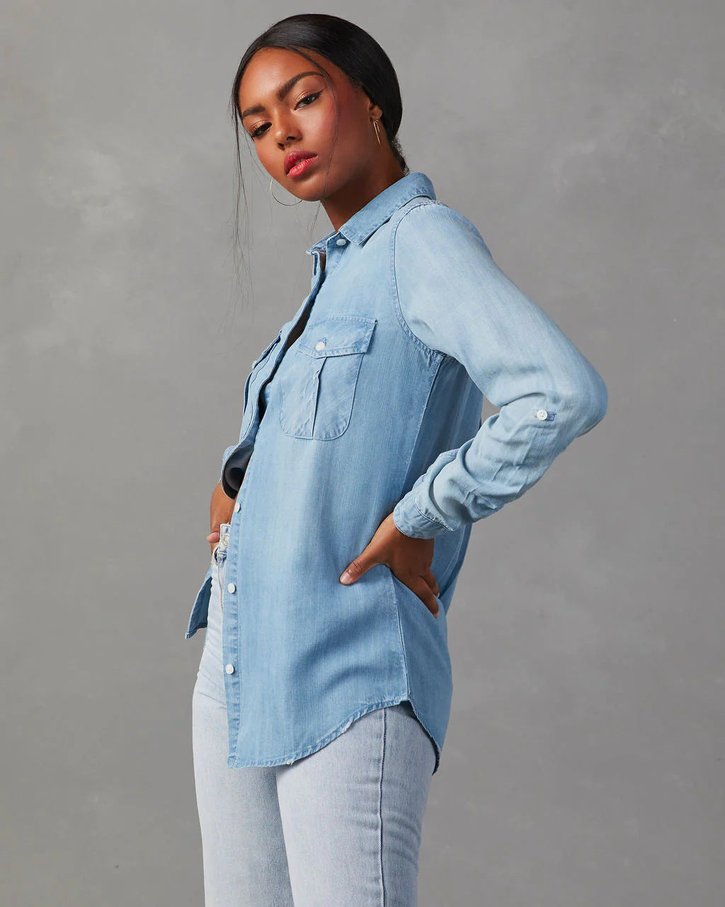 Denim Shirt Autumn Casual Collared Single Breasted Women Long Sleeve Denim Light Blue