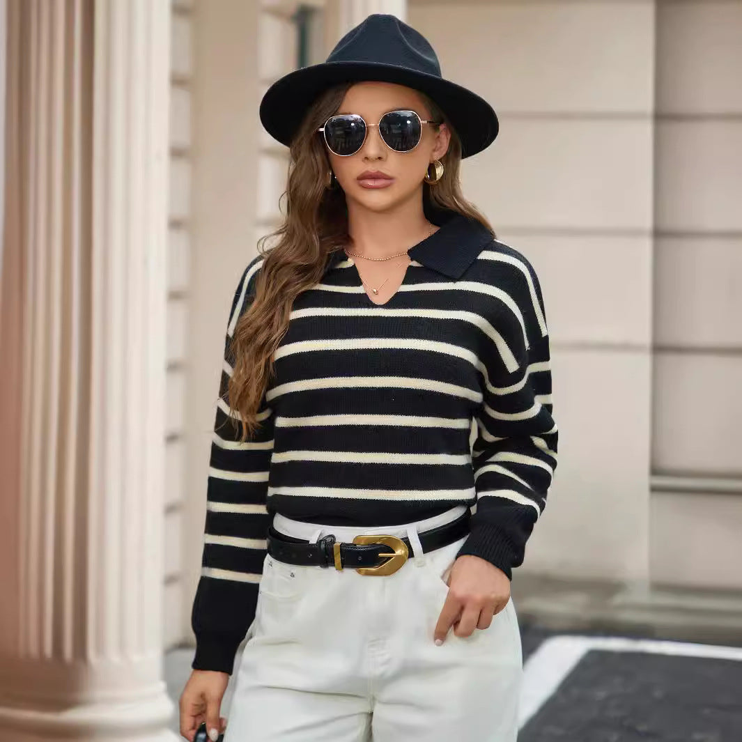 Spring Autumn Classic Striped Pullover Sweater Women Polo Collar Long Sleeve Knitted Top