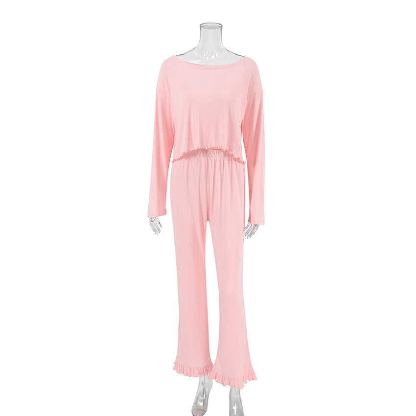 Pajamas Jacquard Breathable Long Sleeves Trousers Ruffled Two Piece Sets Home Wear Women Pink