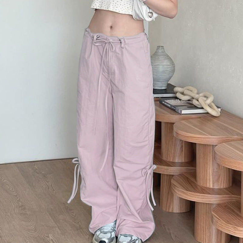 Sweet Bow Tie Women Casual Pants Everyday Joker Office Low Waist Loose Woven Pants