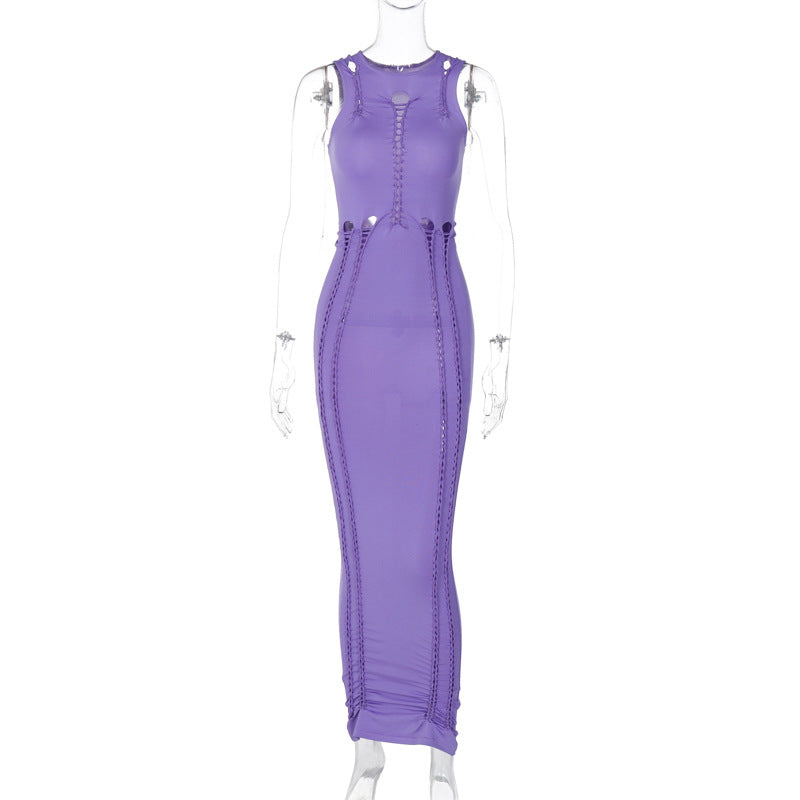 Women Clothing Summer Solid Color Hollow Out Cutout Slim round Neck Sleeveless Dress Purple