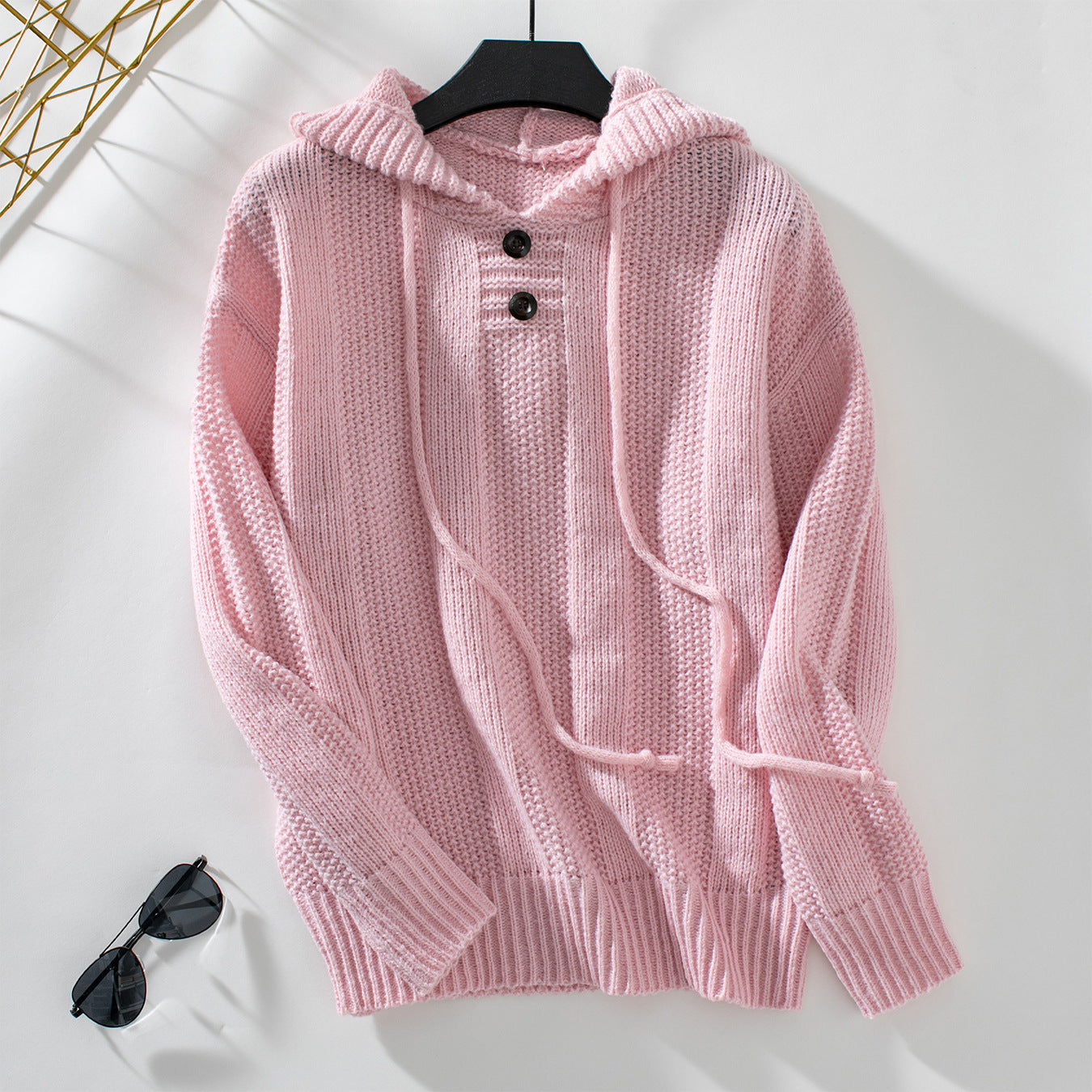 Solid Color Hooded Sweater Autumn Winter Loose Long Sleeve Drawstring Pullover Women Sweater Pink