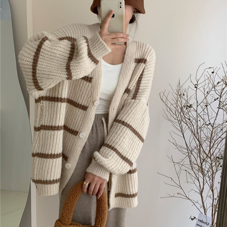 Lazy Contrast Color Striped Knitted Cardigan for Women Autumn Winter Retro V neck Loose Slimming Sweater Tide