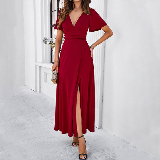 Women Clothing Spring Summer Solid Color Elegant Slim V neck Dress