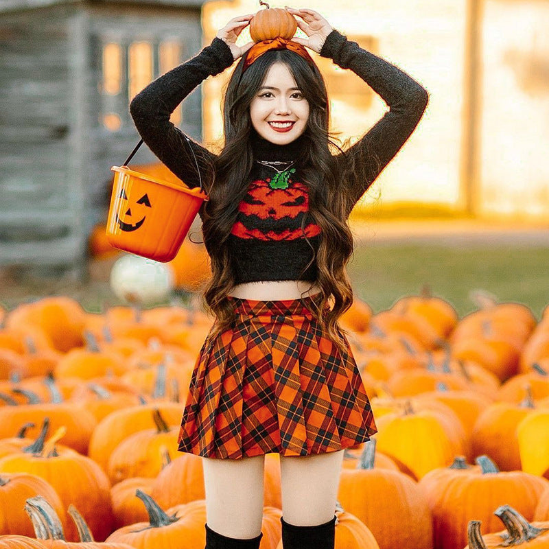 Women Clothing Autumn Winter Sexy Halloween Pumpkin Head Short High Quality Sweater