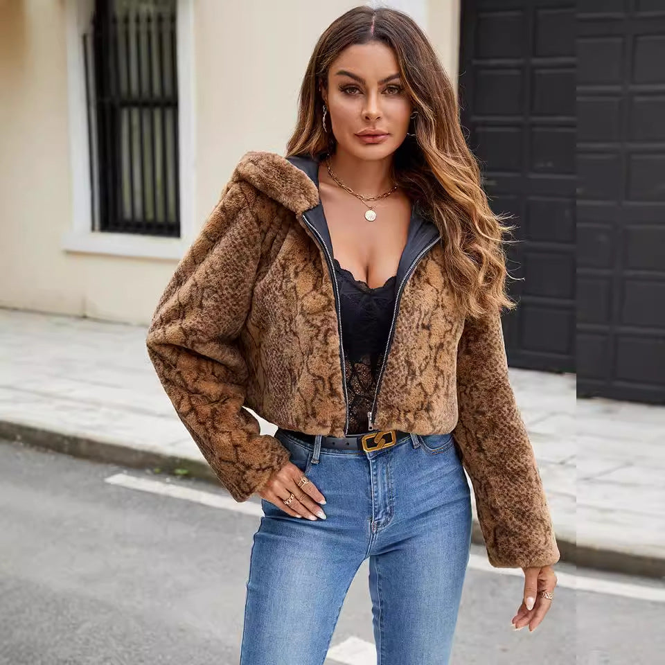 Casual Hooded Faux Fur Leopard Coat Plush Short Coat Fall/Winter Jacket