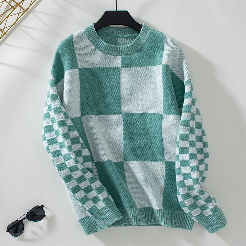 Contrast Color Check Pullover Women Knitted Sweater Autumn Winter All Matching Women Top Green