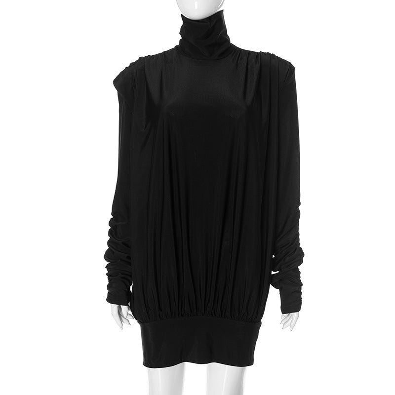 Women Clothing Autumn Winter Turtleneck Padded Shoulder Loose Pleated Sexy Backless Dress Black