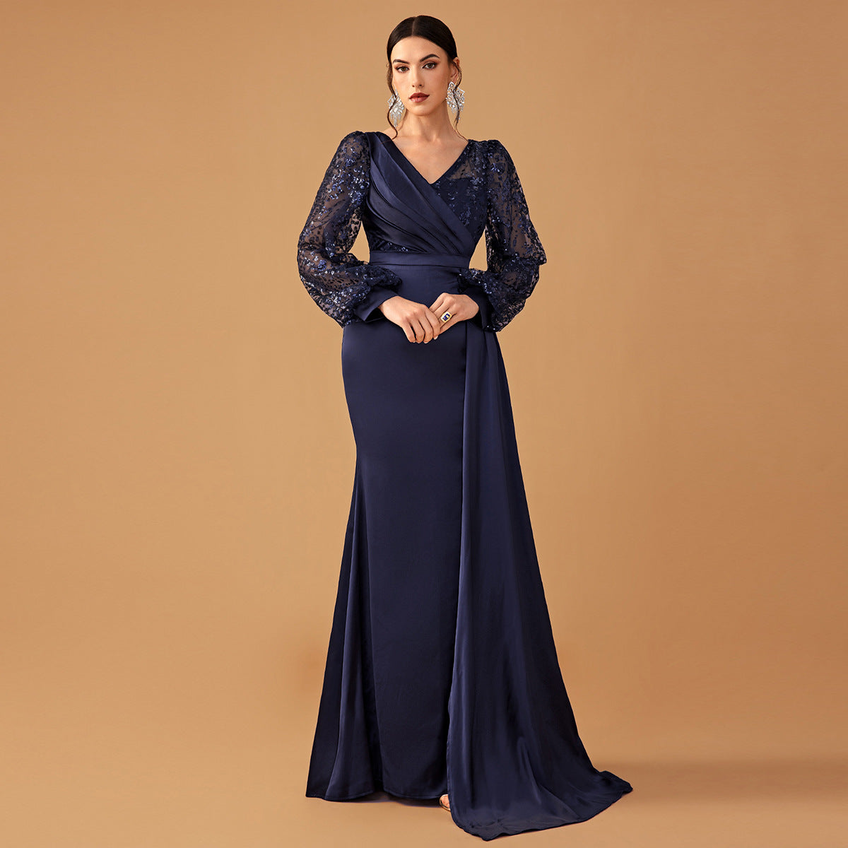 Women Cocktail Party Evening Dress Sequined Satin V neck Long Sleeve Elegant Evening Gown Navy Blue