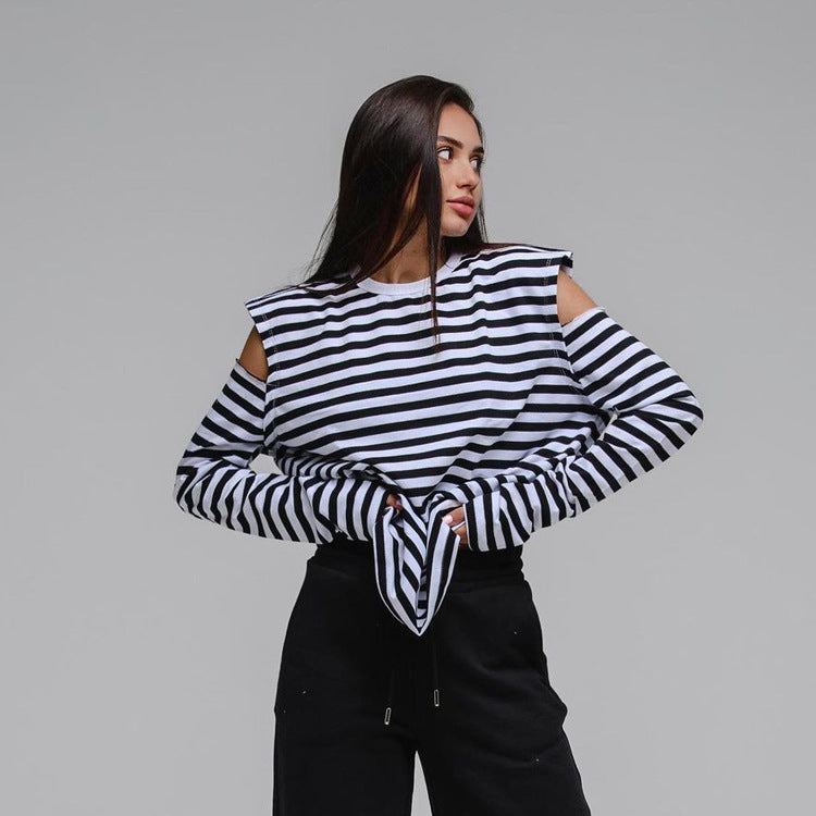 Summer Women Clothing Striped Crew Neck Long Sleeves off Shoulder Loose Fitting T shirt Top Women