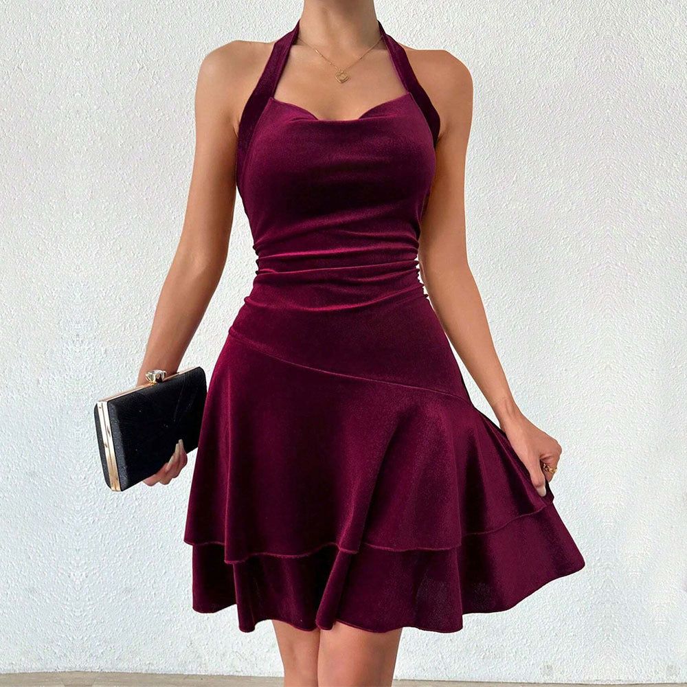 Women Clothing Sexy Halter Dress Autumn Winter Backless Socialite Sexy Design Short Burgundy