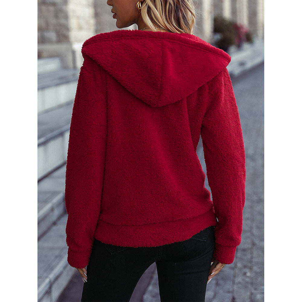 Autumn Winter Women Wear Hooded Long Sleeve Zipper Loose Plush Christmas Casual Jacket