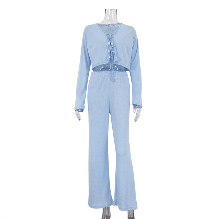 Women Clothing Spring Autumn Cotton Homewear Knitted Jacquard Long Sleeves Cropped Lace up Pajamas Trousers Two Piece Set Blue