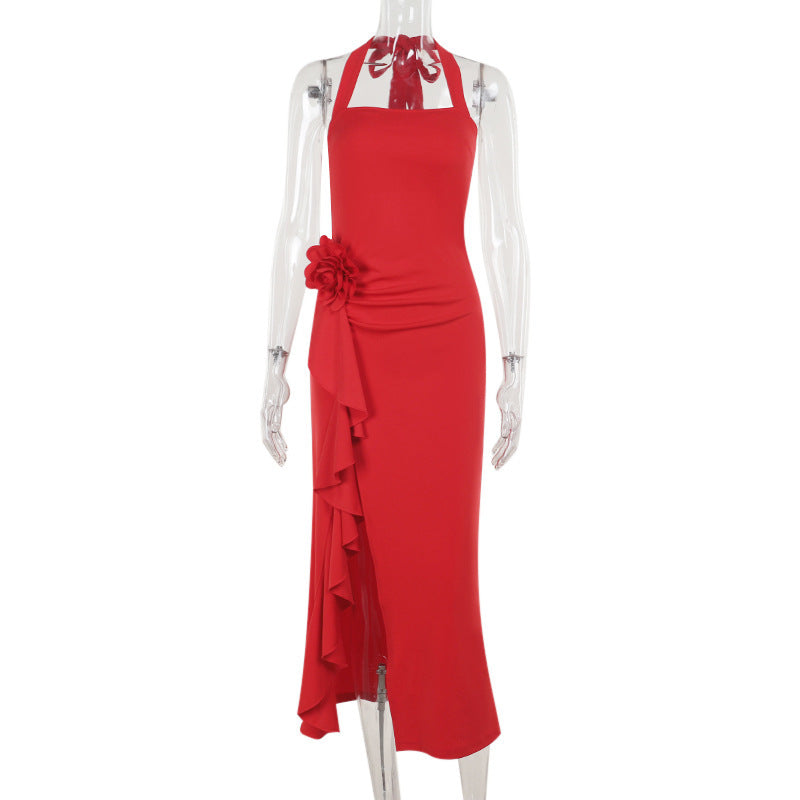 Autumn Socialite Elegant Sexy Slim Three Dimensional Floral Split Dress Women Red