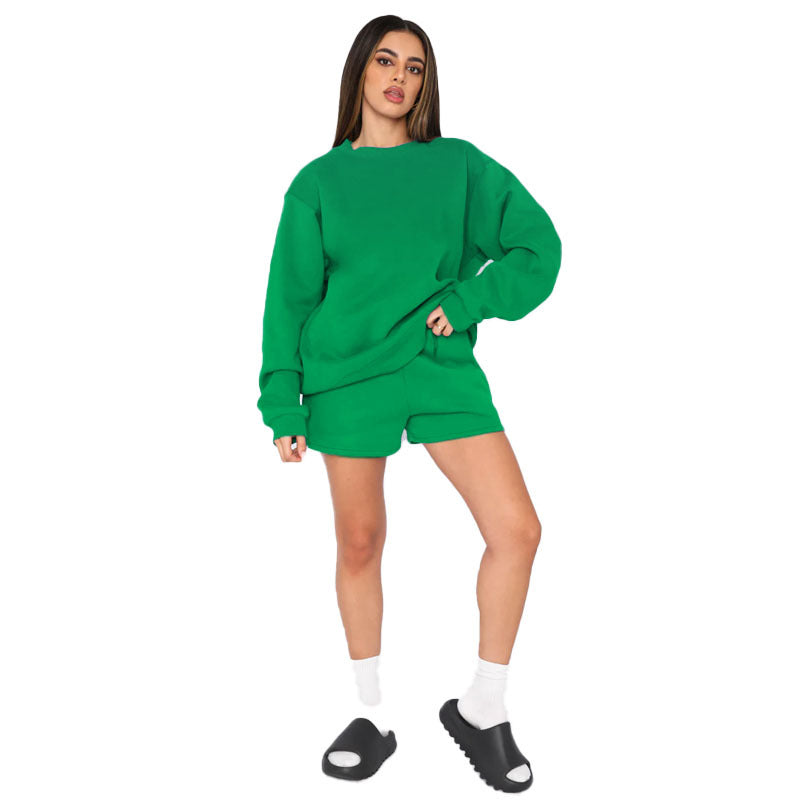 Cotton Autumn Winter Solid Color round Neck Pullover Long Sleeve Sweater Women Casual Shorts Set Green