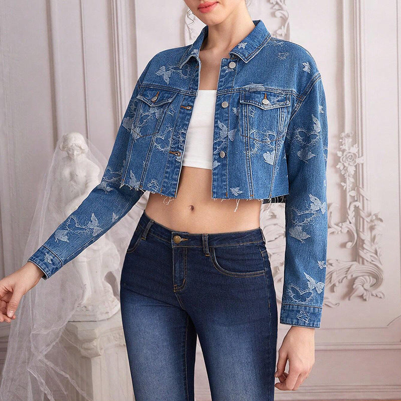 Spring Autumn Niche Jacquard Bow Denim Coat Women Sweet Cool Sexy Short Denim Jacket Casual