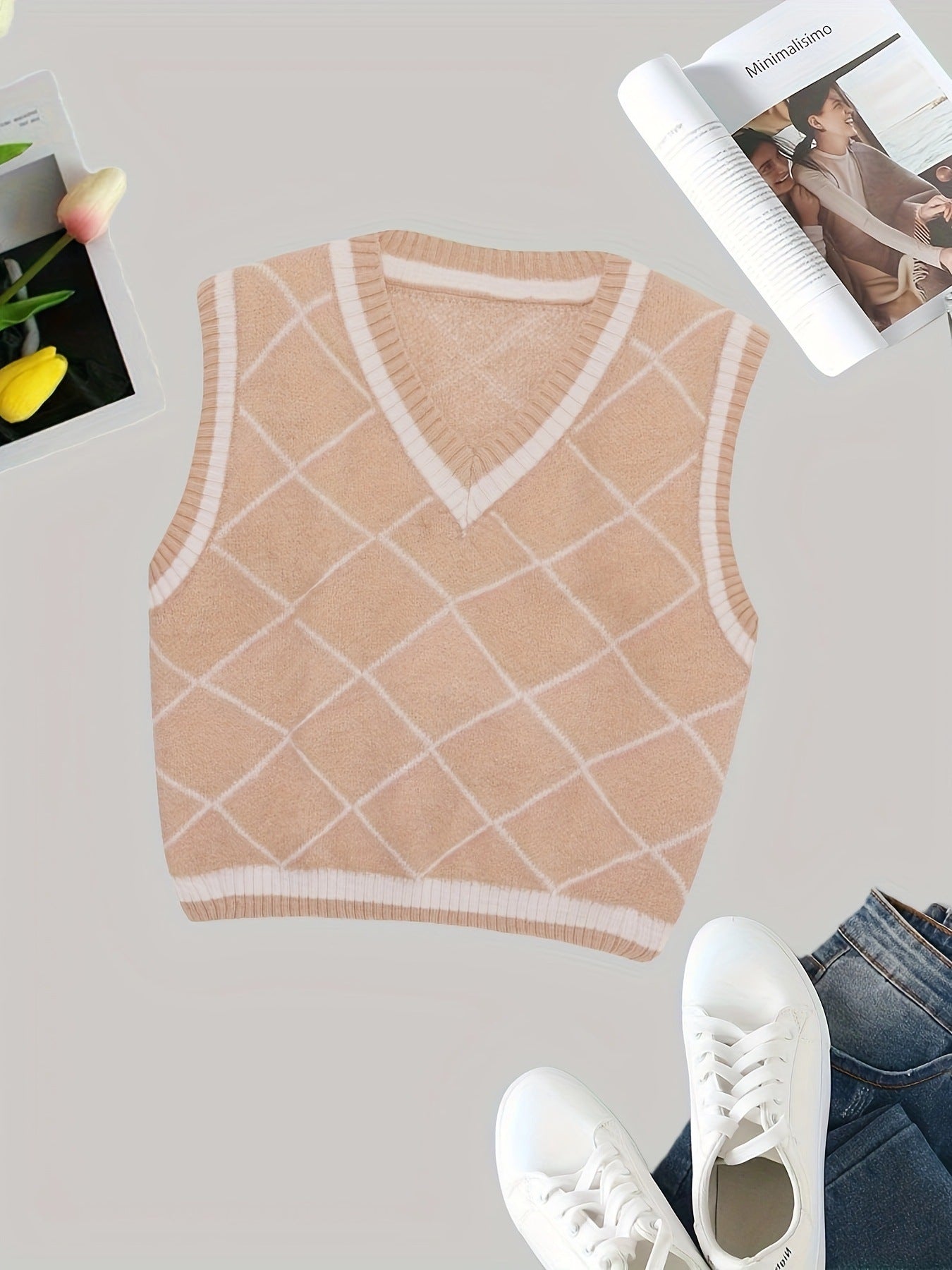 Summer Retro Outerwear Knitted Vest Loose Pullover V neck Rhombic Soft Glutinous Girl Heart Sleeveless Vest Top for Women Khaki