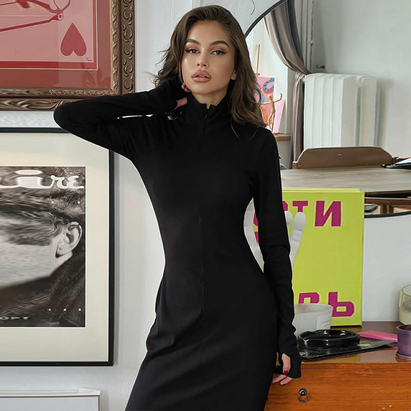 Women Wear Winter Fashionable Elegant Slim Fit Turtleneck Long Sleeve Solid Color Dress