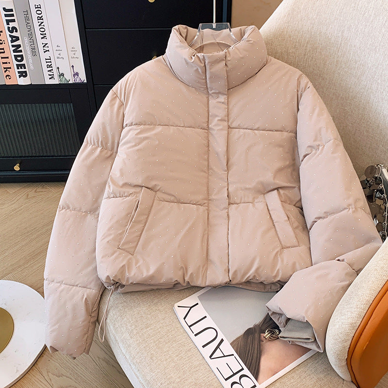 Design Rhinestone Stand up Collar Cotton Padded Coat Women Thickened Warm Quilted Jacket Small Winter Cotton Padded Jacket Coat Khaki