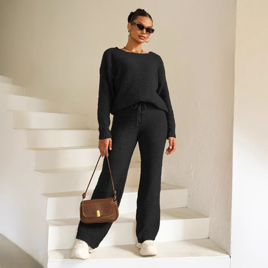 Autumn Winter Solid Color Women round Neck Long Sleeve Trousers Thick Warm Sets